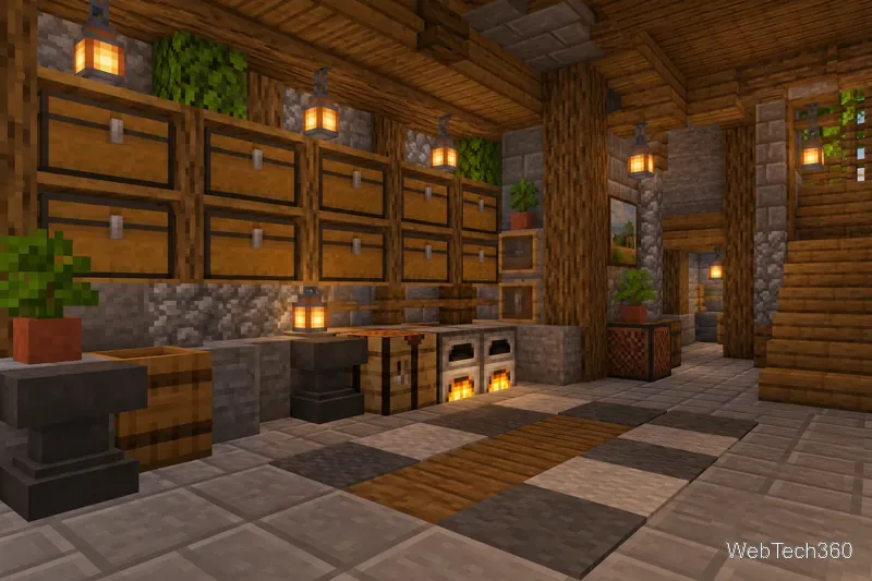 Minecraft base workroom with organized chest rows beside a crafting table, furnace, and lanterns