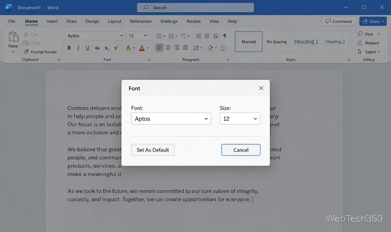 A caixa de diálogo Fontes do Word mostra Aptos, tamanho 12, e o botão Definir como padrão.