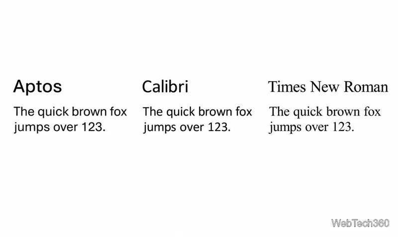 Um exemplo comparativo lado a lado das fontes Aptos e Calibri sem serifa, juntamente com a fonte Times New Roman com serifa.