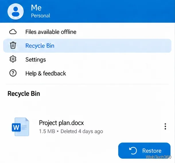 Иллюстративный экран OneDrive для Android с выбранной корзиной и видимой кнопкой «Восстановить».