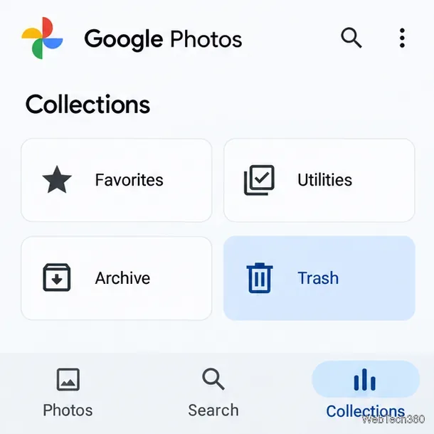 Иллюстративный скриншот коллекций Google Фото с выделенной плиткой «Корзина».