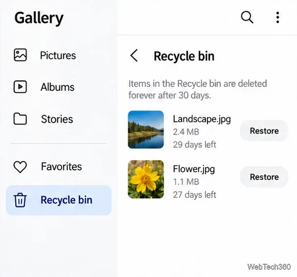 Иллюстративный скриншот галереи Samsung с выбранной корзиной и отображаемыми элементами управления восстановлением.