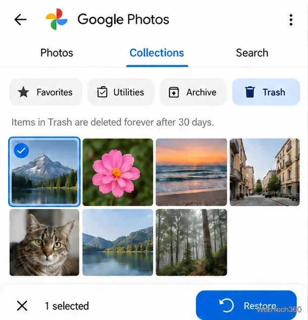 Иллюстративный скриншот экрана корзины Google Фото с одной выбранной фотографией и видимой кнопкой «Восстановить».