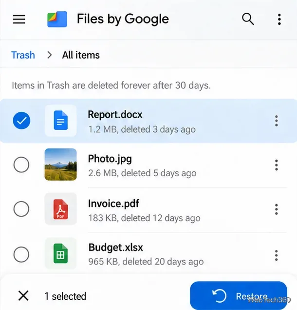 Иллюстративный пример списка файлов Google «Корзина» с одним выбранным файлом и видимой кнопкой «Восстановить».