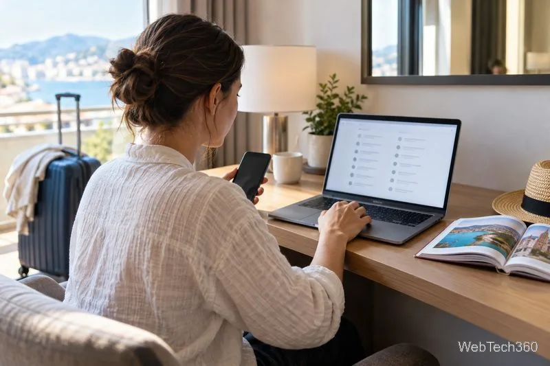 Podróżny sprawdza dostępność regionalnej usługi przesyłania strumieniowego na laptopie w pokoju hotelowym.