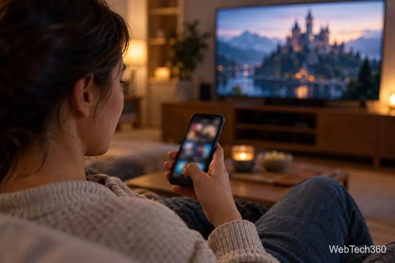 Widz trzyma smartfon, podczas gdy w tle na ekranie telewizora wyświetlany jest fantastyczny krajobraz.