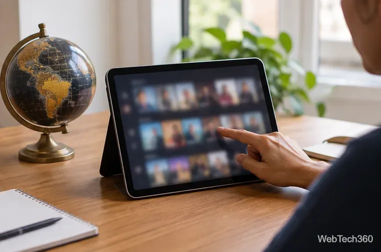 Tablet z katalogiem materiałów streamingowych leży obok globusa, a widz sprawdza regionalną dostępność.