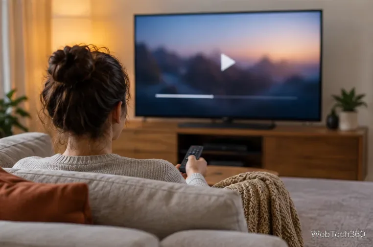 Widz siedzący na kanapie patrzy na telewizor, na ekranie którego wyświetlany jest symbol odtwarzania.