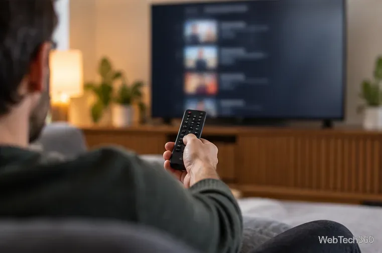 Widz kieruje pilota na telewizor, na którym wyświetlana jest rozmazana lista odcinków.