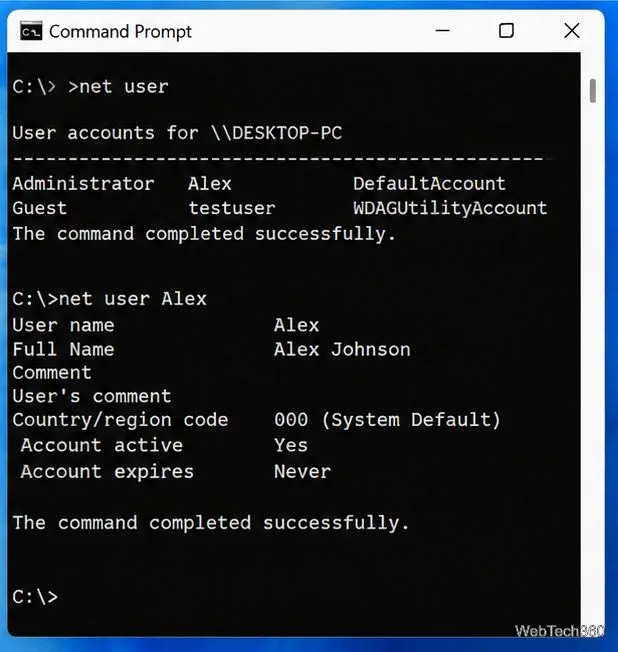 Command Prompt showing net user output and details for a local account