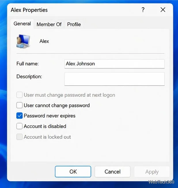 Example local user Properties window showing account options and group-related tabs