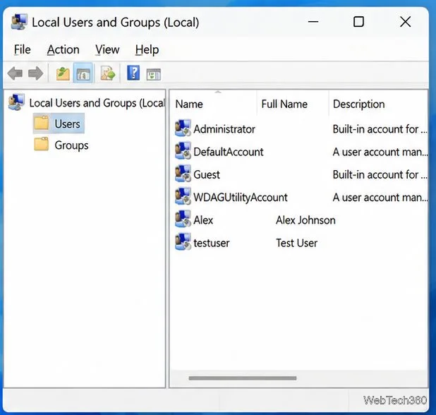 Local Users and Groups console with the Users folder selected and local account names listed