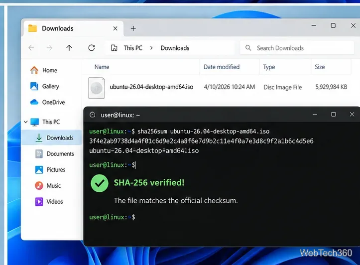 ターミナルでUbuntu ISOファイルがSHA-256でチェックされている様子を示す図。