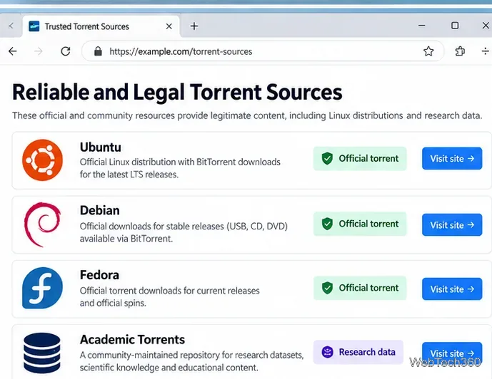 ブラウザの図解で、Ubuntu、Debian、Fedora、およびAcademic Torrentsが合法的なトレントソースとしてリストされている。