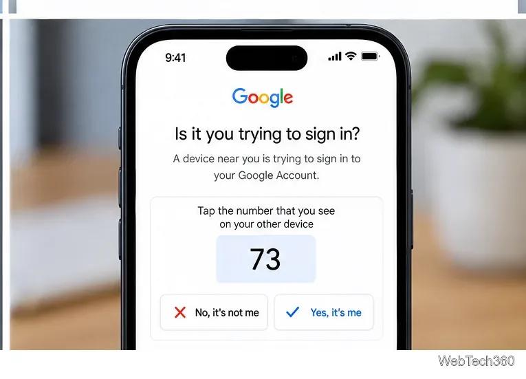 Auf dem Telefon wird eine Google-Anmeldeaufforderung mit einer Nummernübereinstimmungsanfrage angezeigt.