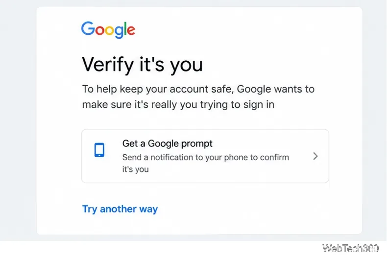 Google-Bestätigen Sie, dass es sich um Ihren Bildschirm mit einer Google-Aufforderung handelt, und klicken Sie auf den Link „Andere Methode ausprobieren“.