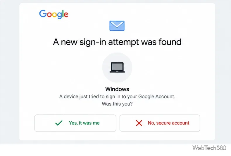 Google-Sicherheitswarnung mit der Frage, ob ein Windows-Anmeldeversuch von Ihnen stammt.