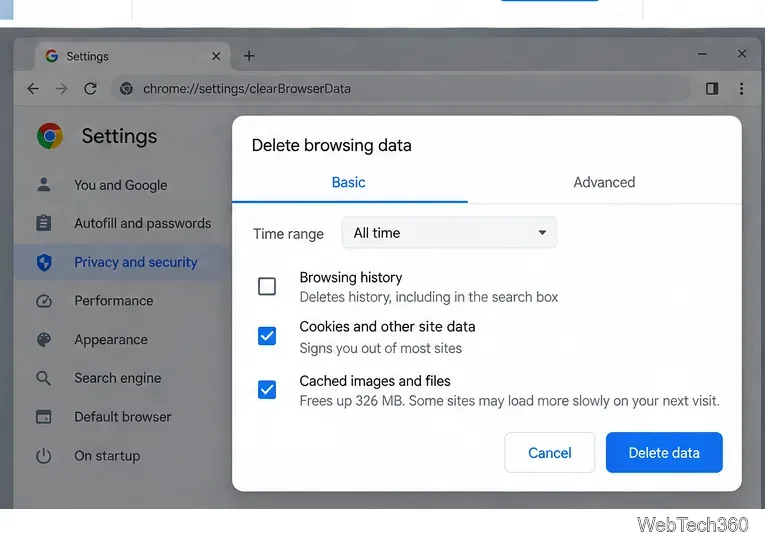 Chrome-Dialog zum Löschen von Browserdaten mit ausgewählten Cookies und zwischengespeicherten Dateien