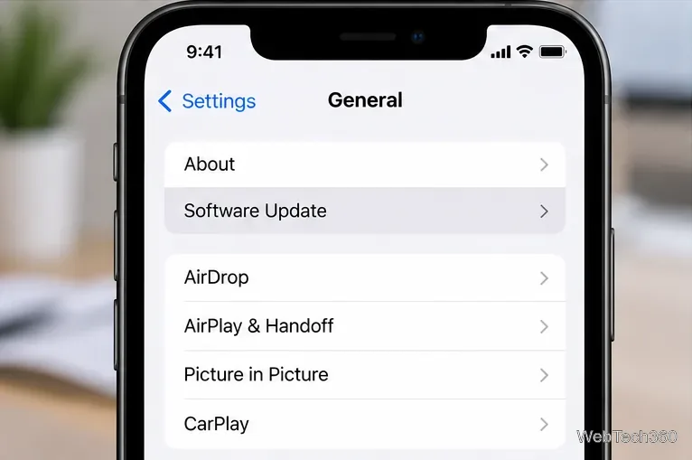 Schermata delle impostazioni generali di iOS con Aggiornamento software evidenziato
