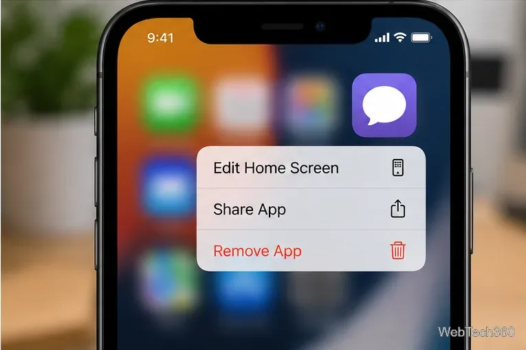Menu di iOS con pressione prolungata e comando Rimuovi app evidenziato