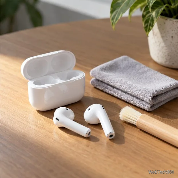 Fones de ouvido brancos e um estojo de carregamento aberto estão ao lado de um pano limpo e uma pequena escova macia.