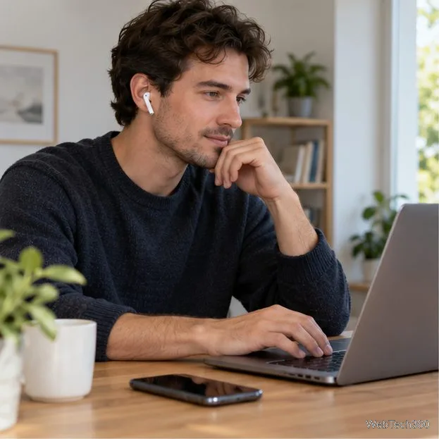 Um ouvinte usa um fone de ouvido branco com haste, enquanto um telefone está próximo, sobre uma mesa.