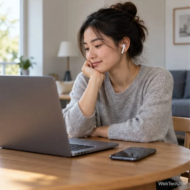 Um ouvinte usando fones de ouvido utiliza um laptop aberto com um smartphone por perto.
