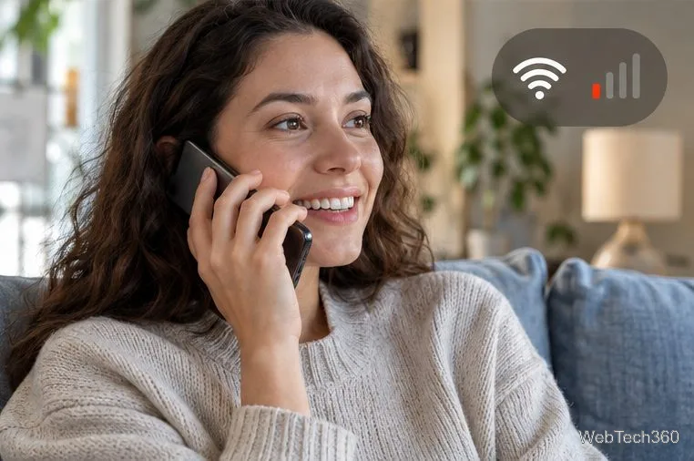 Une personne passe un appel téléphonique à son domicile, à côté d'un indicateur visuel signalant le Wi-Fi et un faible signal cellulaire.