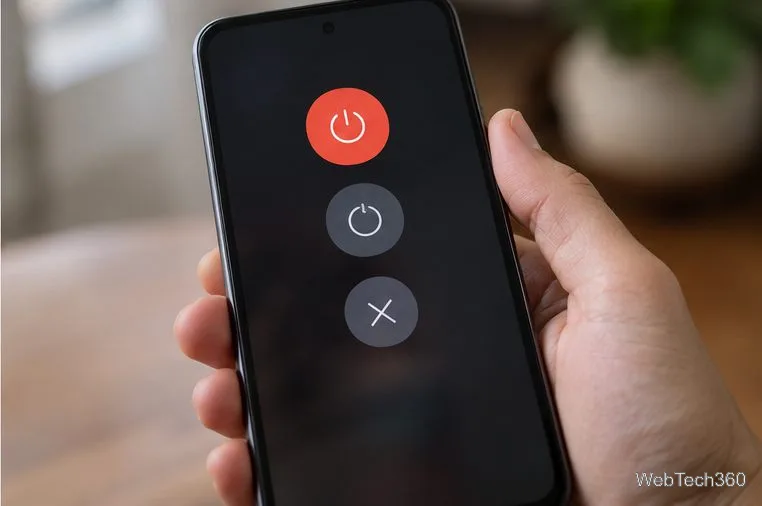 Une main tient un smartphone dont les boutons d'alimentation sont ouverts avant un redémarrage.
