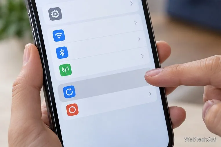 Un doigt survole une ligne de réinitialisation réseau dans un menu de paramètres téléphoniques générique.