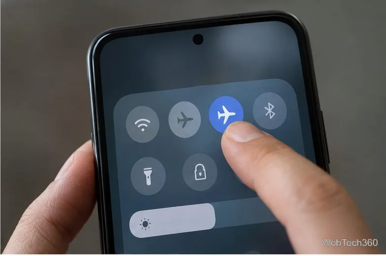Un doigt appuie sur l'icône d'avion dans le panneau des paramètres rapides d'un smartphone.