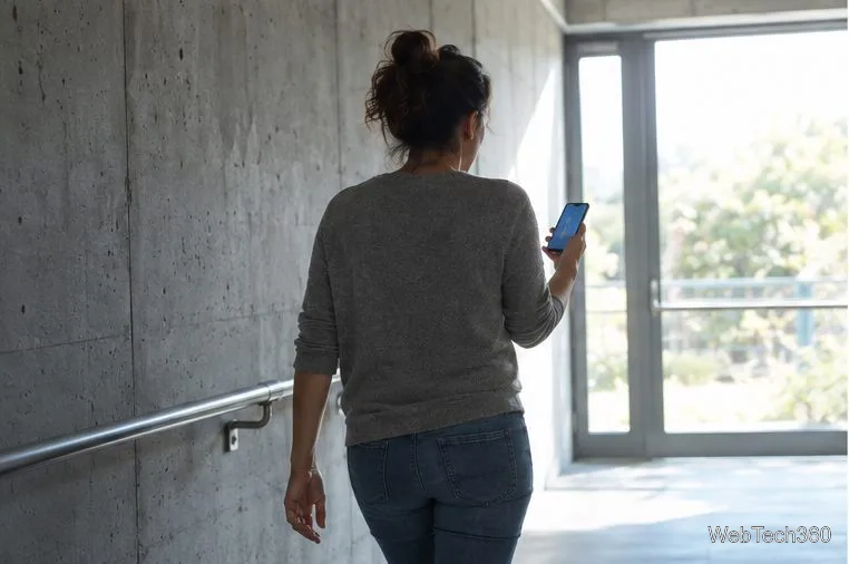 Une personne traverse un couloir en béton en direction d'une fenêtre lumineuse tout en consultant son téléphone.