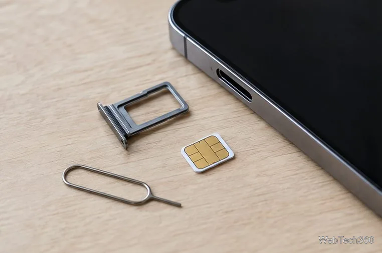 Un smartphone, un tiroir SIM, une carte SIM et un outil d'éjection reposent sur une table propre.