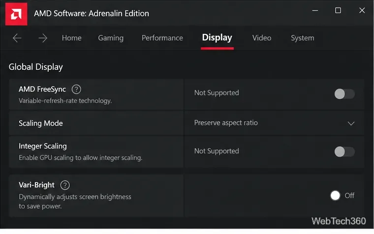 AMD Software Display settings with Vari-Bright turned off