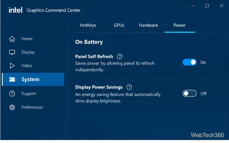 Intel Graphics Command Center with Display Power Savings turned off