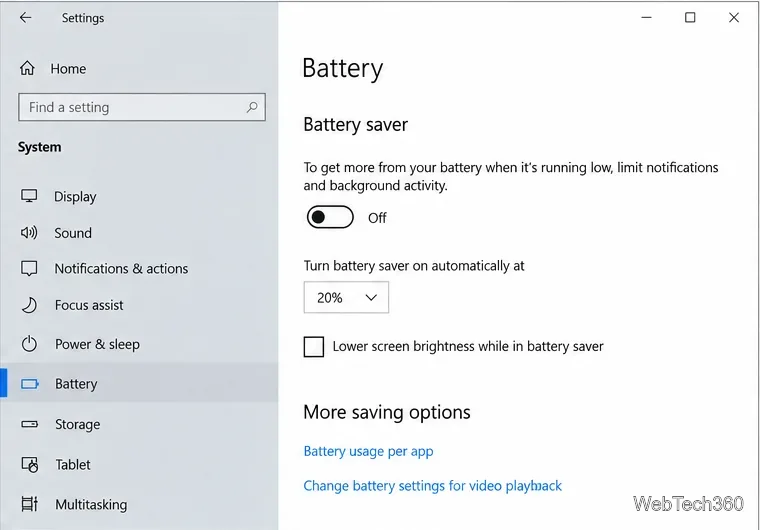 Windows 10 Battery settings with the lower screen brightness option cleared