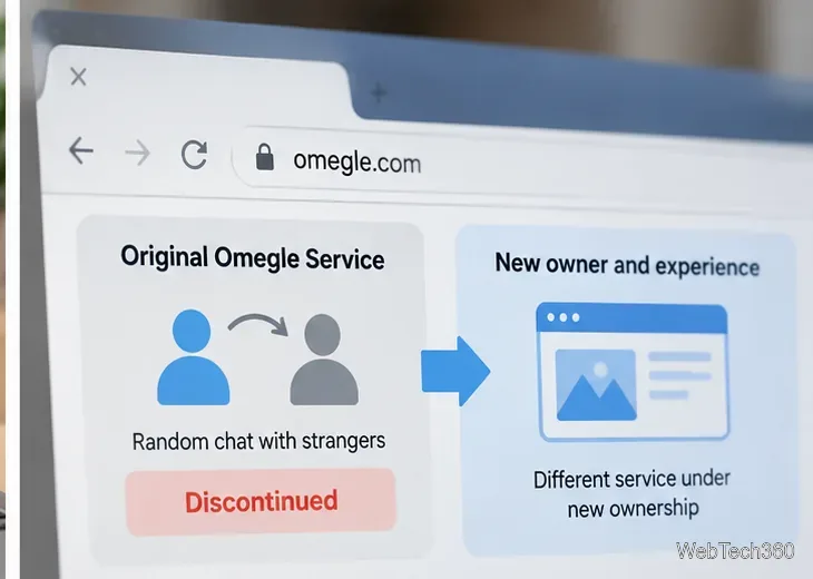 ブラウザに表示されるグラフィックで、元のOmegleサービスが終了し、現在は別のサービスがそのドメインを使用している可能性があることを説明しています。