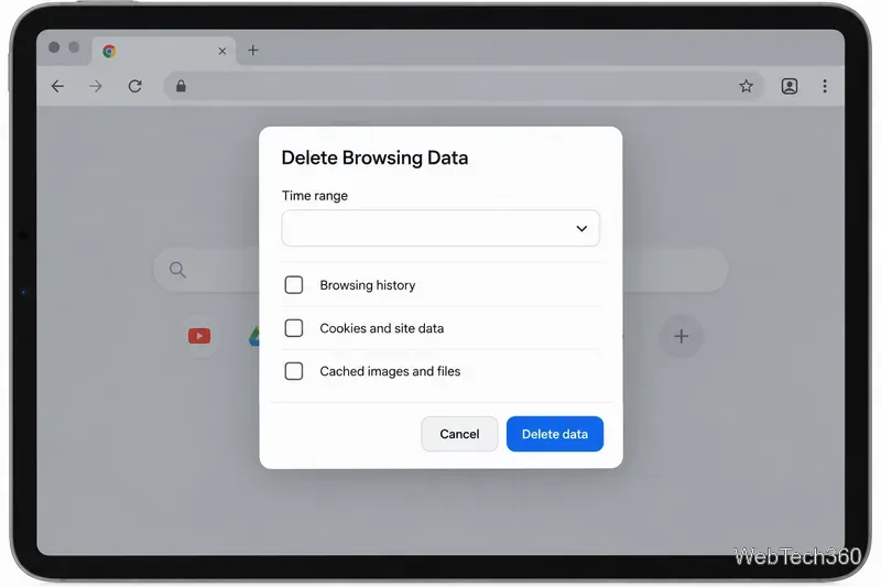 Um painel do Chrome para excluir dados de navegação, com um intervalo de tempo e opções para histórico, cookies e arquivos em cache.