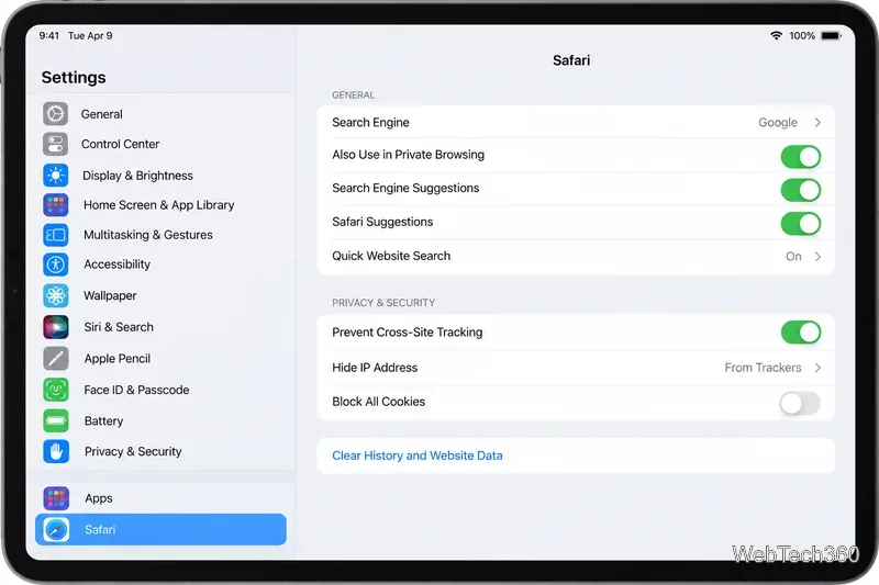 Tela de Ajustes do iPad com o Safari selecionado e a opção Limpar Histórico e Dados dos Sites visível.