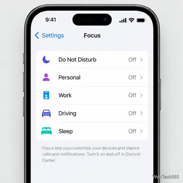 В настройках функции «Фокус» на iPhone режим «Не беспокоить» и другие режимы «Фокус» отмечены как «Выключено».