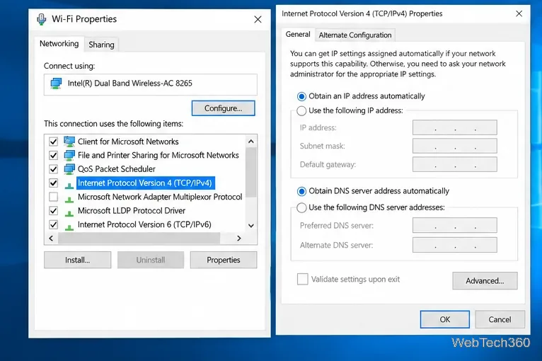В настройках Windows 10 выбраны параметры Wi-Fi и IPv4 с автоматическим присвоением IP-адресов и DNS.