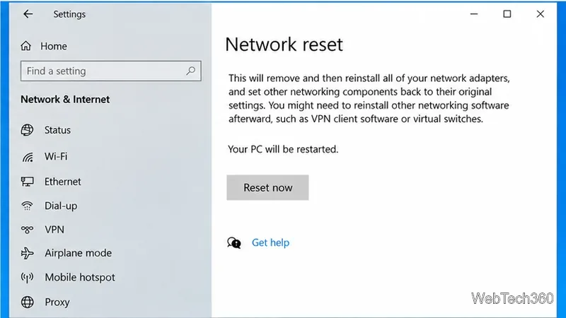Страница сброса сетевых настроек в Windows 10 с кнопкой «Сбросить сейчас»