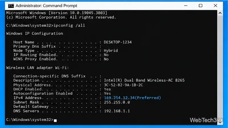 В командной строке Windows 10 вывод команды ipconfig показывает IPv4-адрес 169.254.