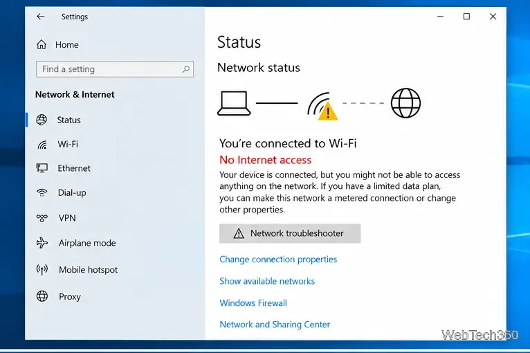 Страница настроек состояния сети Windows 10 с кнопкой устранения неполадок сети.