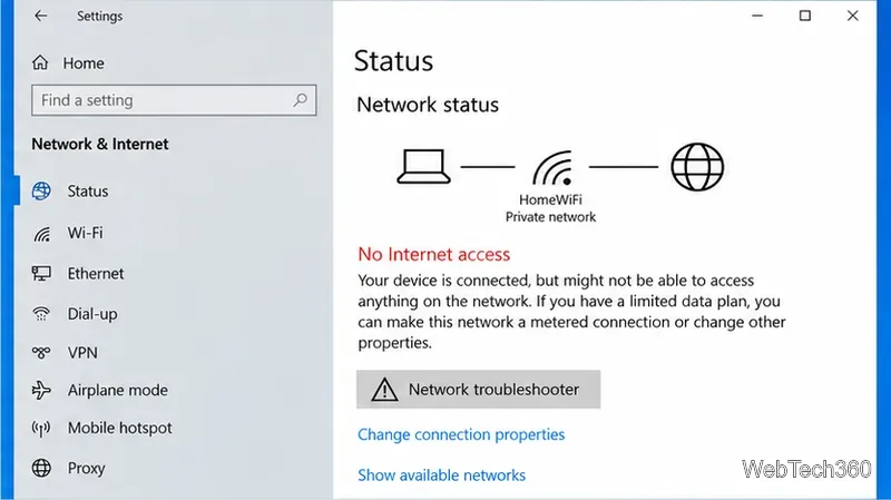 На странице состояния сети и интернета Windows 10 отображается отсутствие доступа к интернету после подключения к Wi-Fi.