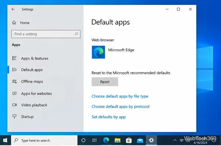 На странице «Приложения по умолчанию» в Windows 10 отображаются кнопки сброса и ссылки для приложений по умолчанию по типу файла, протоколу и типу приложения.