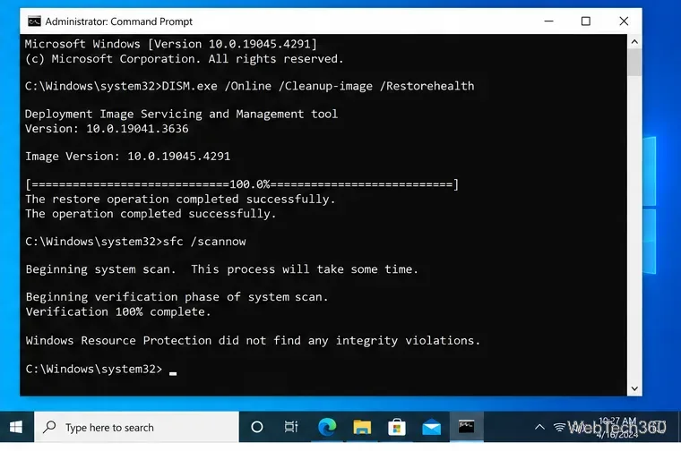 В командной строке Windows 10 от имени администратора отображается сообщение об успешном завершении команд DISM RestoreHealth и sfc scannow.
