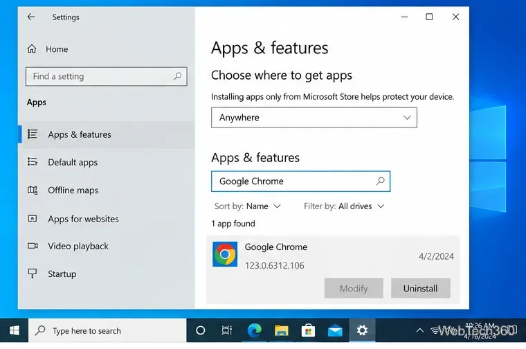 Страница приложений и возможностей Windows 10 отфильтрована для Google Chrome с элементами управления «Изменить» и «Удалить».
