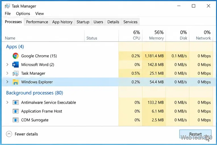 Диспетчер задач Windows 10 с выбранным Проводником Windows и видимой кнопкой «Перезагрузка».