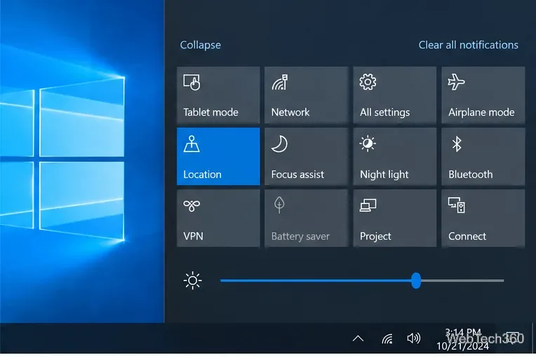 Центр уведомлений Windows 10 с отключенной плиткой быстрых действий в режиме планшета.